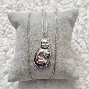 Large Sterling Silver Puffy Cat Pendant Necklace